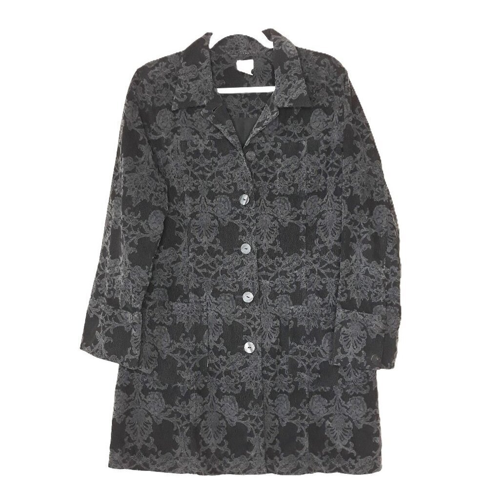 J. Jill Black Floral Corduroy Chore Style Longline Button Jacket M Lightweight